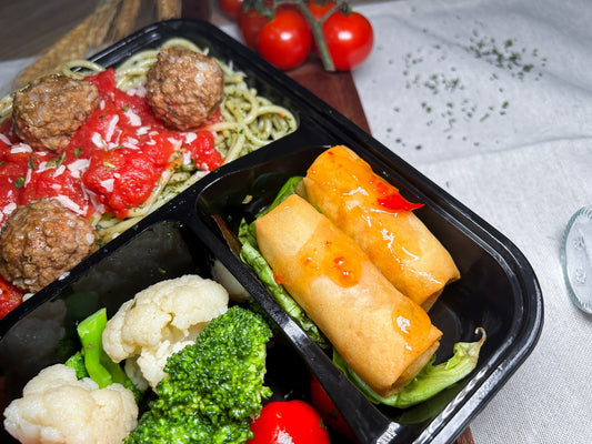 意大利肉丸意粉配雜菜春卷 | 便當飯盒到會（每款最少4盒起）