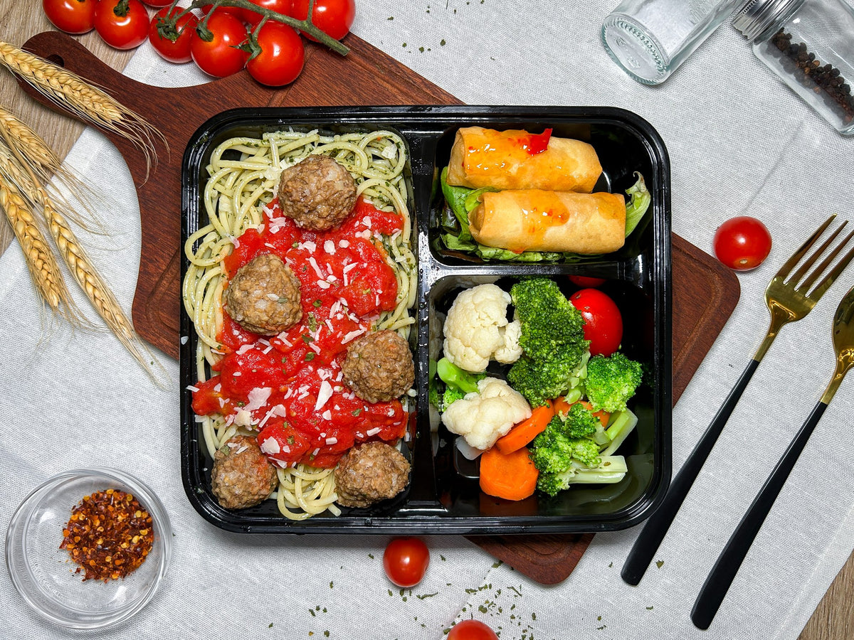 意大利肉丸意粉配雜菜春卷 | 便當飯盒到會（每款最少4盒起）